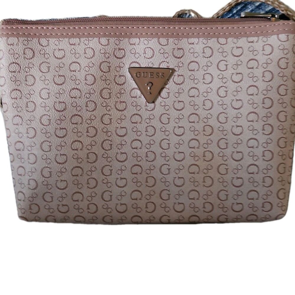 GUESS Pink Logo Zip Pouch Women's Designer Faux Leather Bag with Pink Hardware